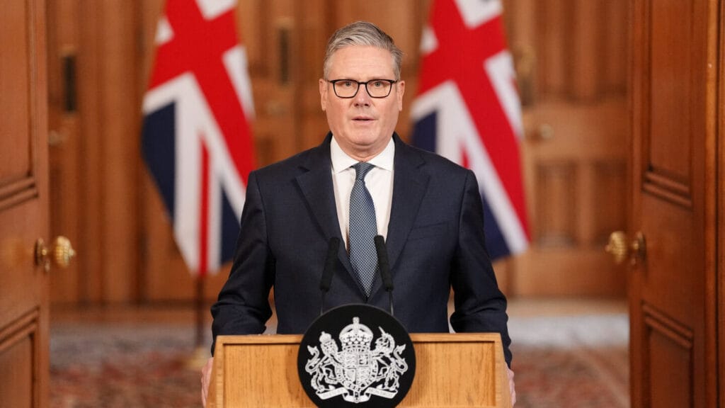 British prime Minister Keir Starmer standing and giving announcement